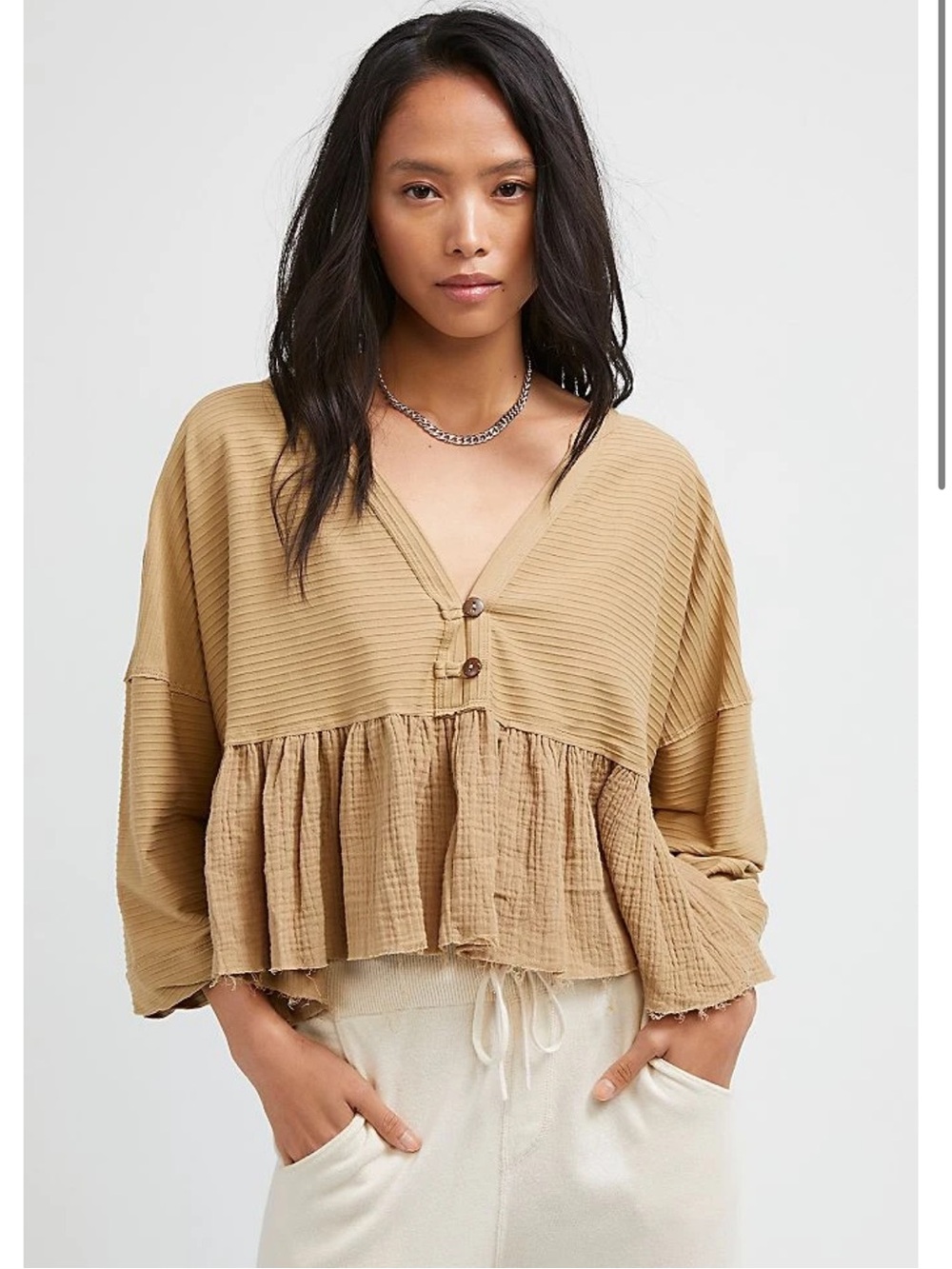 FREE PEOPLE Dallas Henley Oversized Cropped Top shirt
